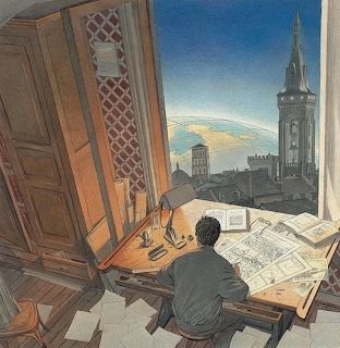 Illustration of a man seated at a drafting table by a window with a city tower in the background