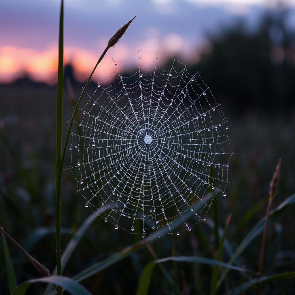 Dew-covered spiderweb in tall grass at dawn with a blurred pink and blue sky