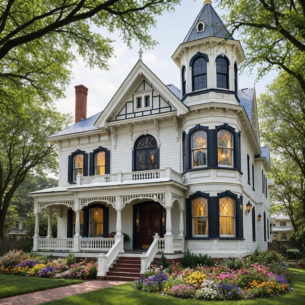 Elegant white Victorian house with turret, decorative porch, and flower beds surrounded by lush trees