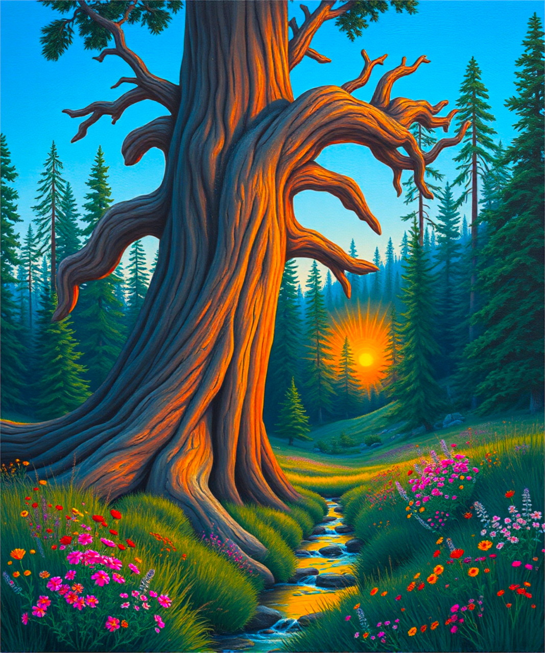 Large twisted tree with orange glow in colorful forest clearing with flowers and stream