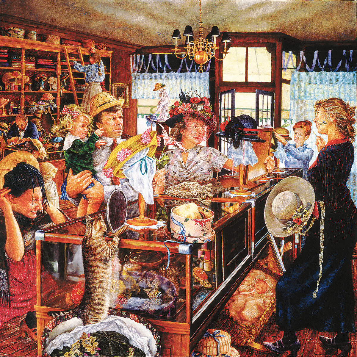 Detailed illustration of a busy vintage millinery shop with many customers and elaborate hat displays