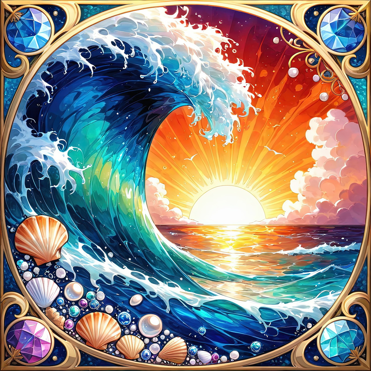 Colorful illustration of a large ocean wave at sunset with seashells, pearls, and an ornate circular frame