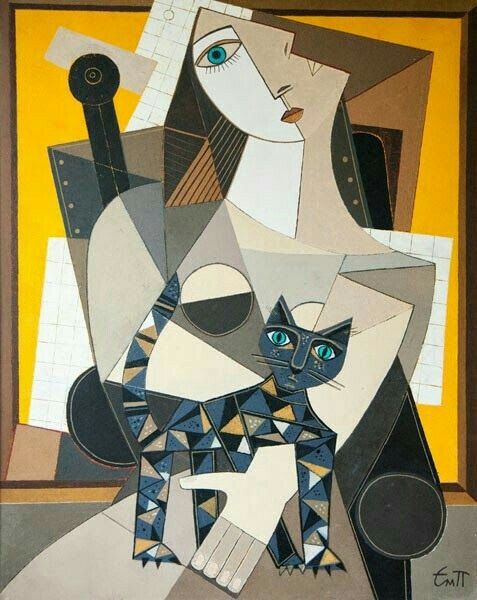 Cubist painting of a stylized woman holding a geometric cat in brown and gray tones