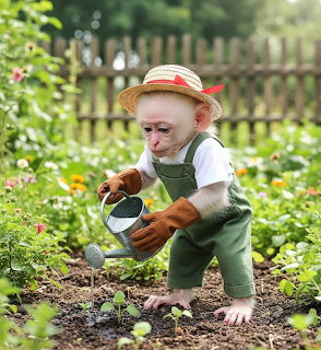 Baby monkey in straw hat and green overalls watering plants with a watering can in a garden