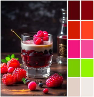 Layered dessert in glass topped with raspberries, cream layers visible, fresh berries scattered on wooden table