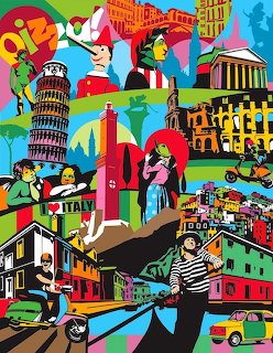 Colorful pop art collage of Italian landmarks including the Leaning Tower of Pisa and the Colosseum