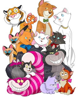 Group illustration of various Disney and cartoon cats stacked together, including striped and colorful characters