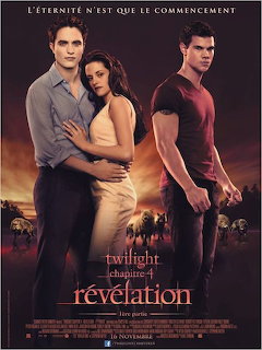 Twilight Breaking Dawn movie poster with three characters in dramatic poses against sunset sky