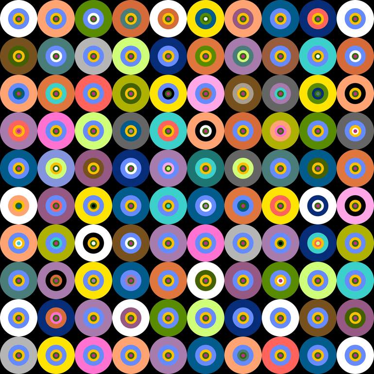 Grid of colorful concentric circles in various hues forming a geometric pattern