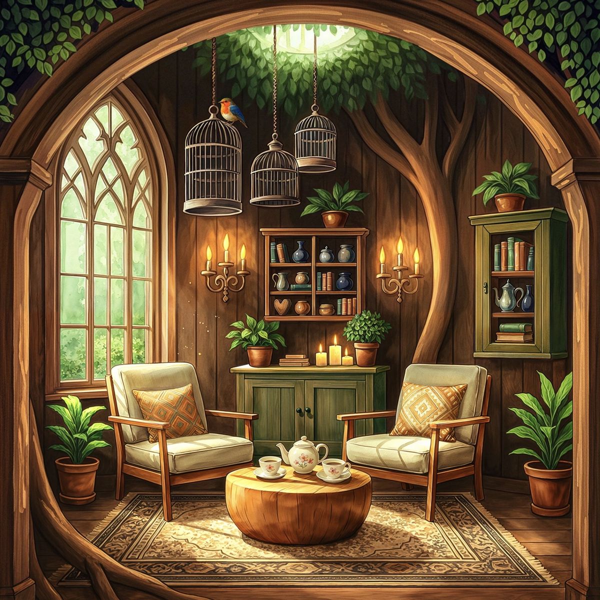 Cozy sitting room with arched windows, armchairs, plants, and warm candle lighting in elegant garden-style interior