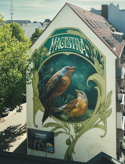 Street art mural of a bird and nest painted on the side of a tall building
