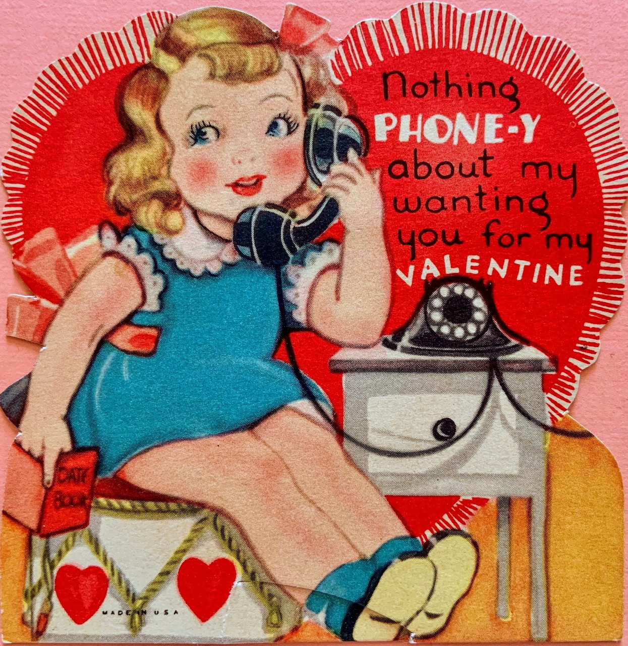 Vintage Valentine card with girl on telephone and hearts
