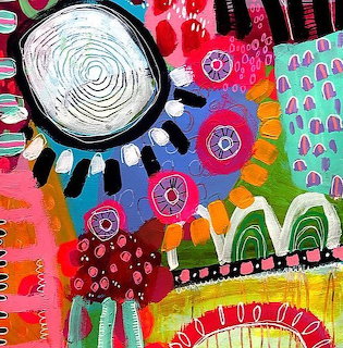 Colorful abstract folk art with circles, patterns, and geometric shapes in pink, green, yellow, and blue