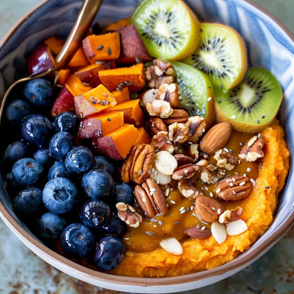 Sweet potato breakfast bowl with blueberries, kiwi, nuts, and roasted sweet potato cubes