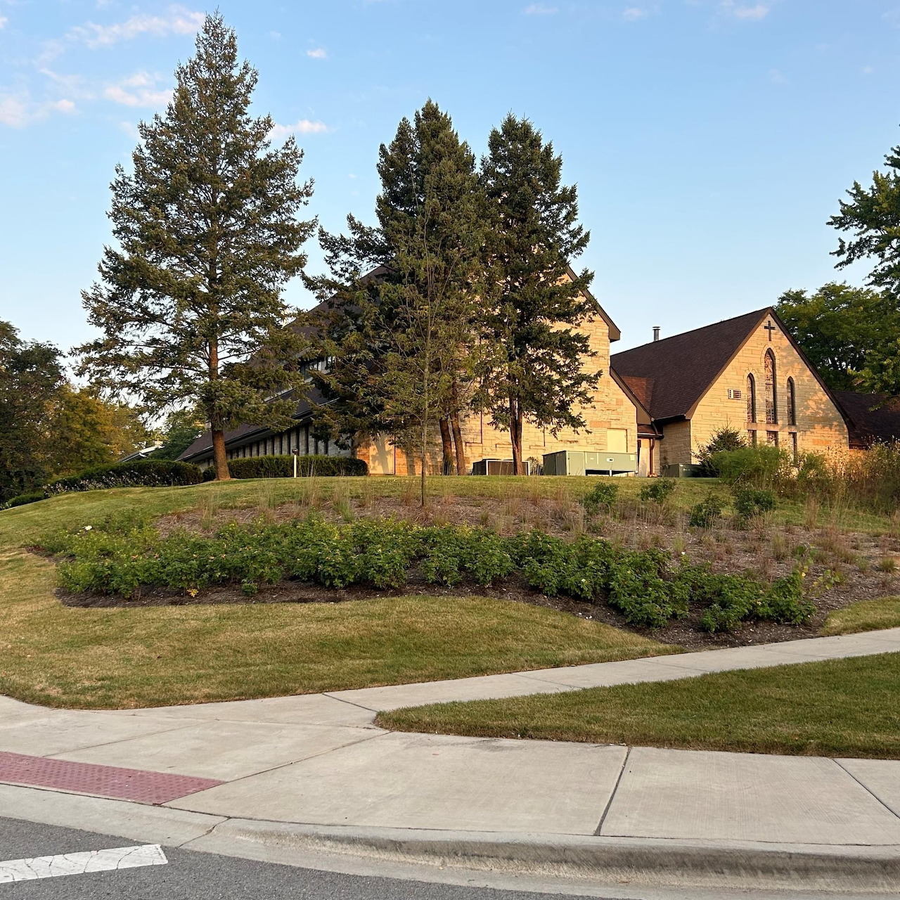 Modern church building surrounded by tall evergreen trees on a sunny day with blue sky and landscaped lawn