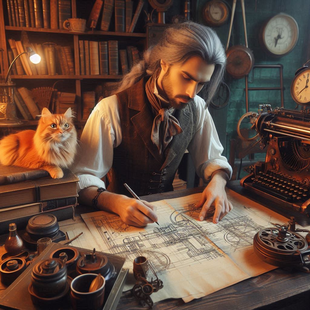 Bearded man drawing blueprints at a desk in a vintage workshop beside a ginger cat and typewriter