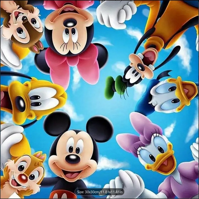 Circle of Disney cartoon characters on blue background including Mickey Mouse and Donald Duck