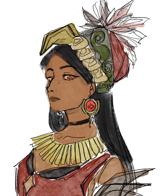 Illustrated portrait of an Indigenous-inspired figure with traditional adornments