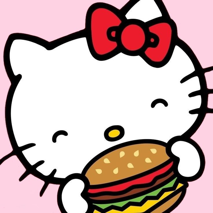 Hello Kitty cartoon holding a hamburger on a pink background