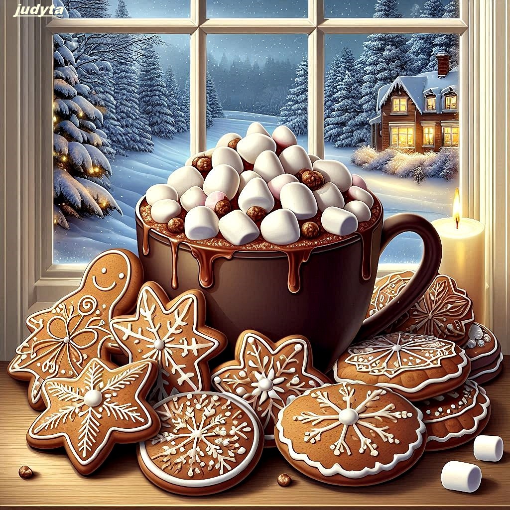 Hot chocolate mug with marshmallows and gingerbread cookies on windowsill overlooking snowy winter forest