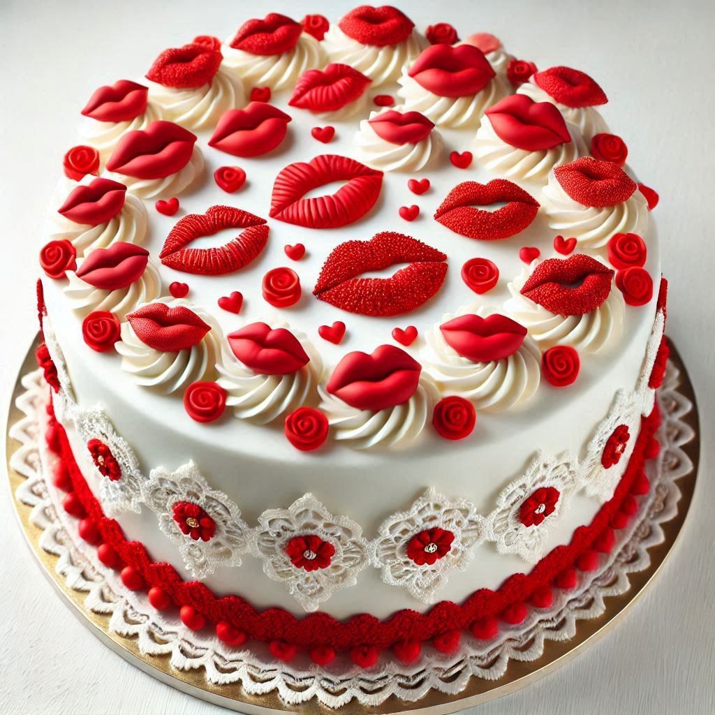 White decorated cake with red lips, roses, and cream swirls