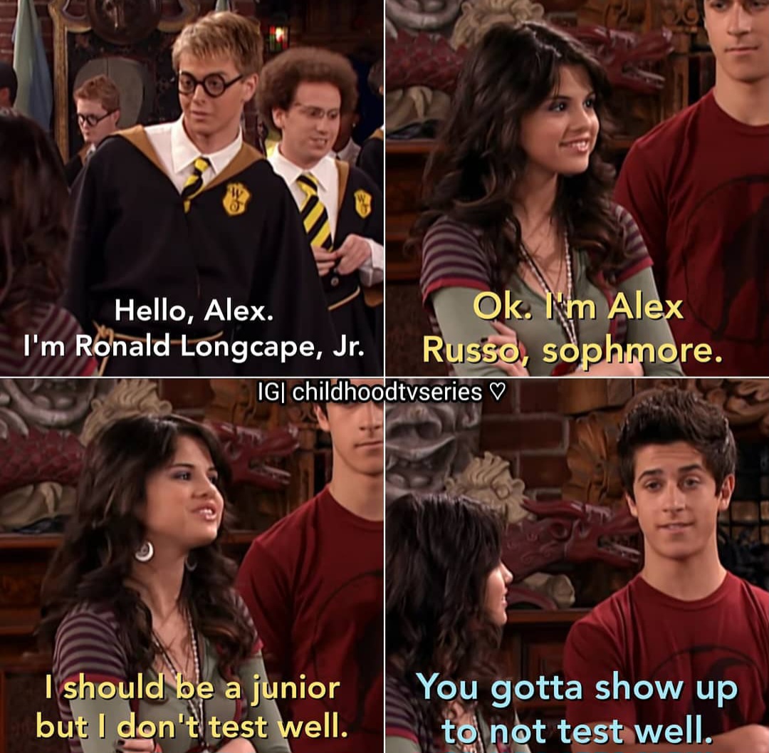Four-panel sitcom screenshot of young people talking indoors with subtitles