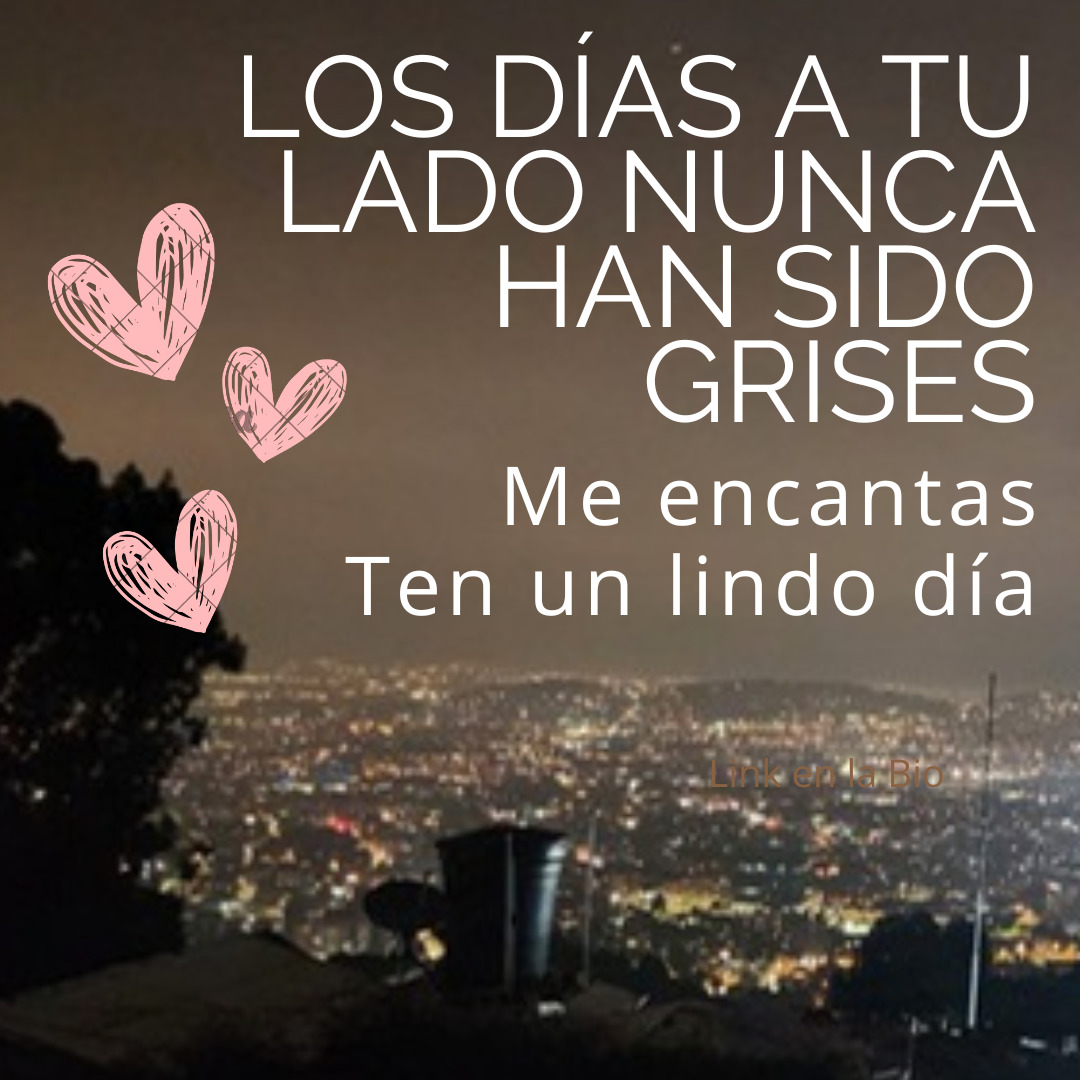 Night cityscape with glowing lights, pink heart doodles, and Spanish text overlay