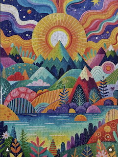 Colorful psychedelic landscape with radiating sun, mountains, trees, lake and decorative rainbow sky with stars