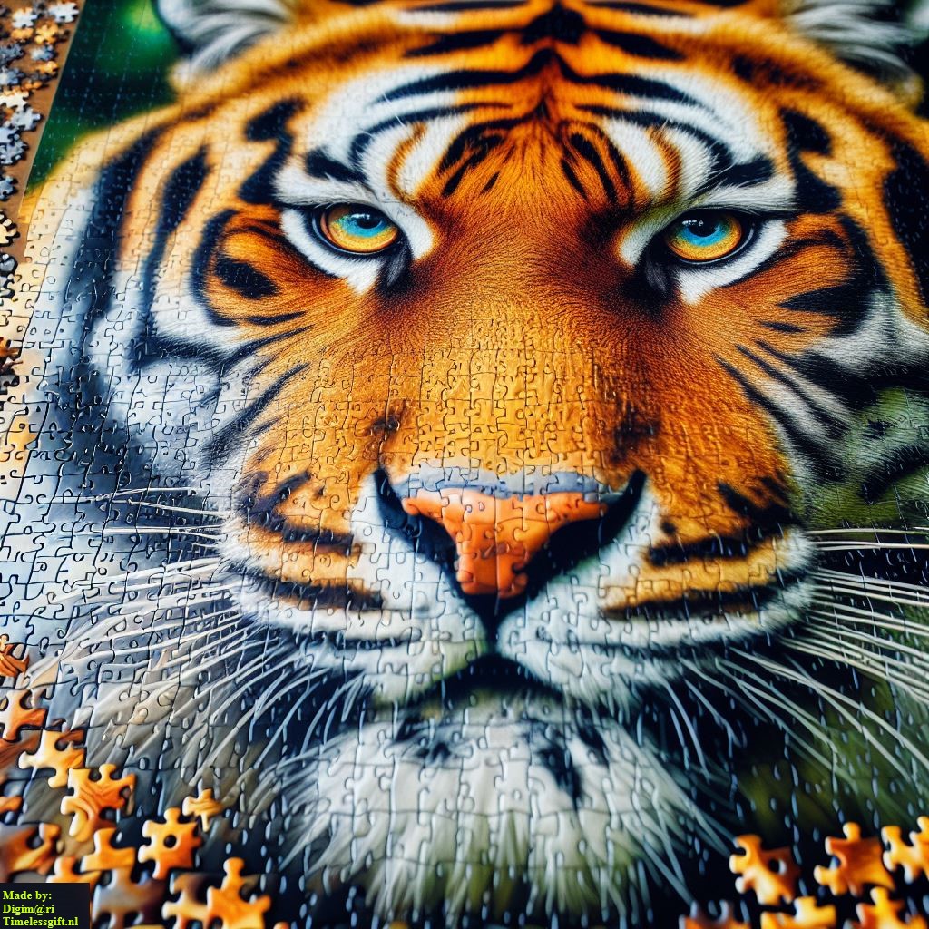 Close-up of a tiger's face with piercing blue eyes and orange and black striped fur