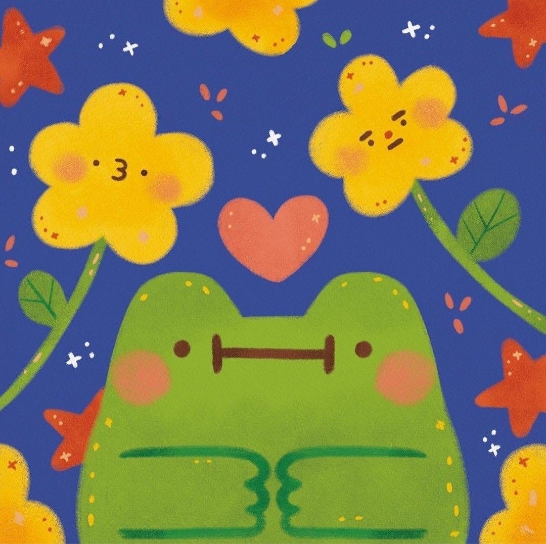 Illustrated green frog with yellow flowers, hearts, and butterflies on blue background