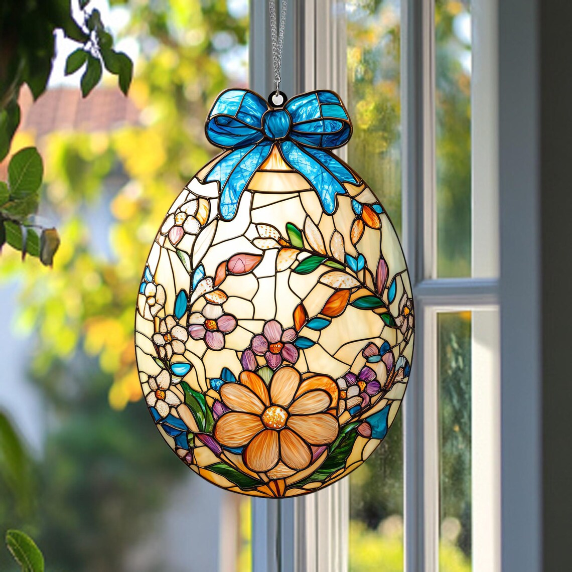 Stained glass Easter egg suncatcher with a blue bow hanging in a window