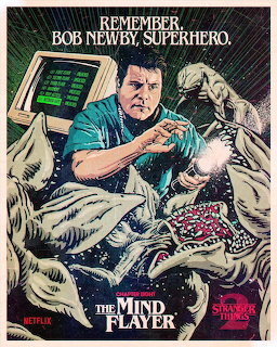 Retro illustrated Stranger Things poster of Bob Newby surrounded by Mind Flayer tentacles