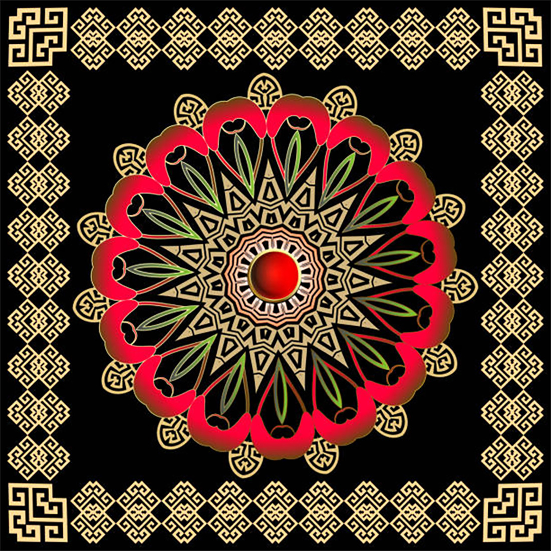 Circular mandala with gold, red, and black geometric patterns on black background with ornate border
