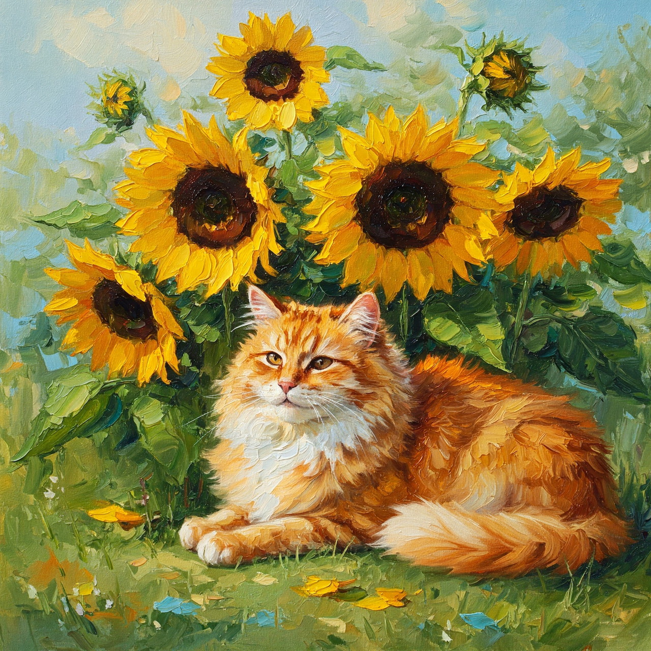 Painting of an orange tabby cat lying in front of bright yellow sunflowers