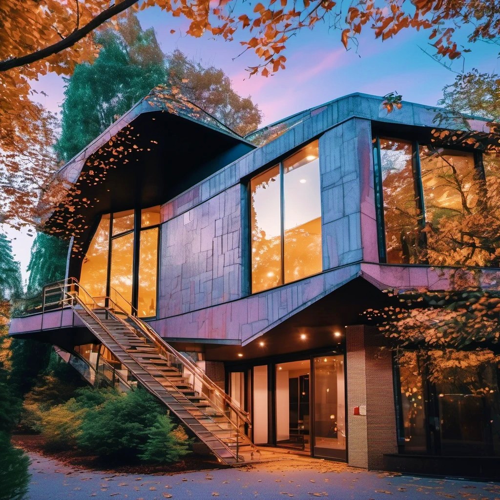 Modern angular house with glowing windows amid autumn trees at dusk