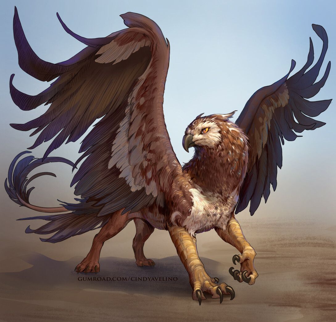 Illustration of a griffin with eagle head and large wings standing on sandy ground