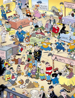 Large group of Disney cartoon characters in a crowded, messy office scene with desks and scattered papers