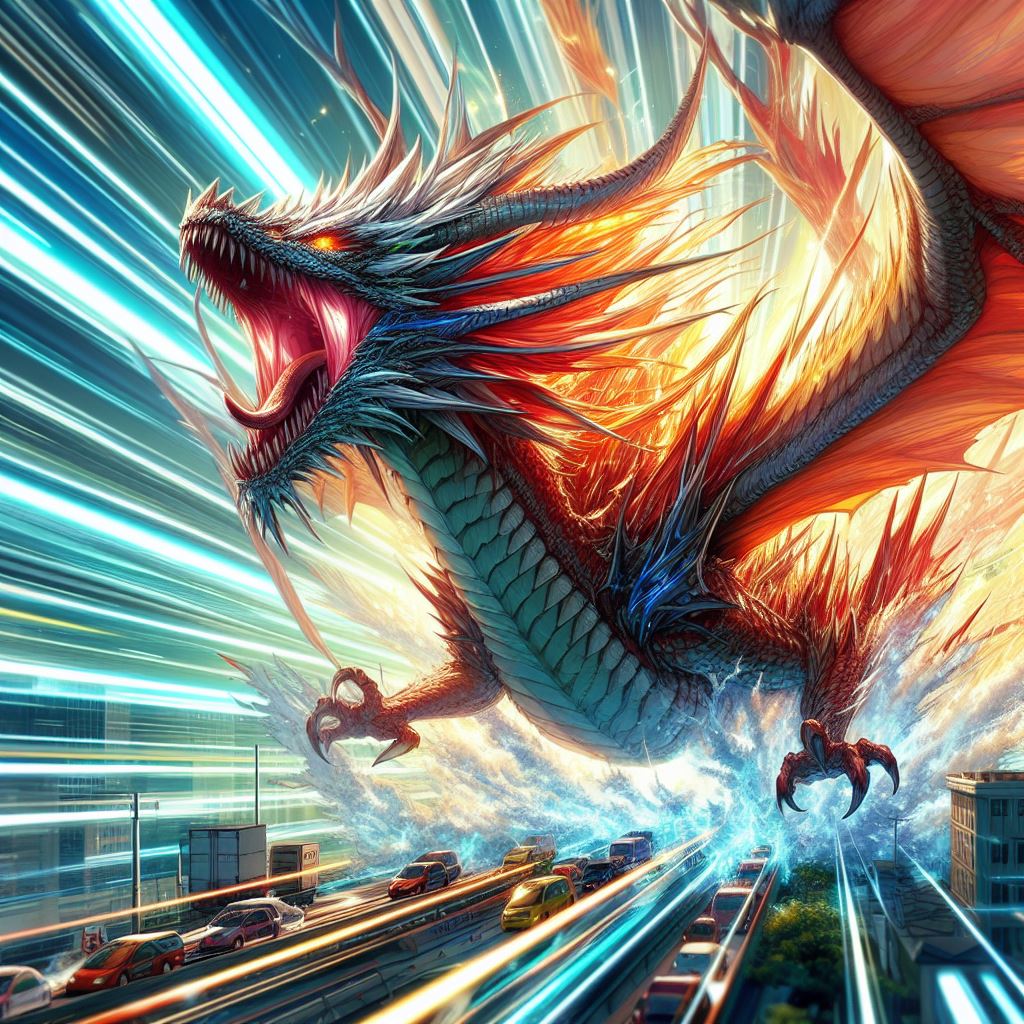 Digital illustration of a fierce fire dragon flying over a city highway with motion blur effects