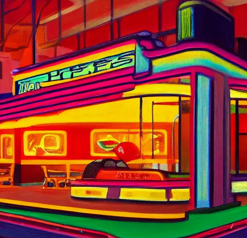 Colorful neon-lit classic American diner at night, painted in vivid reds, yellows, and greens
