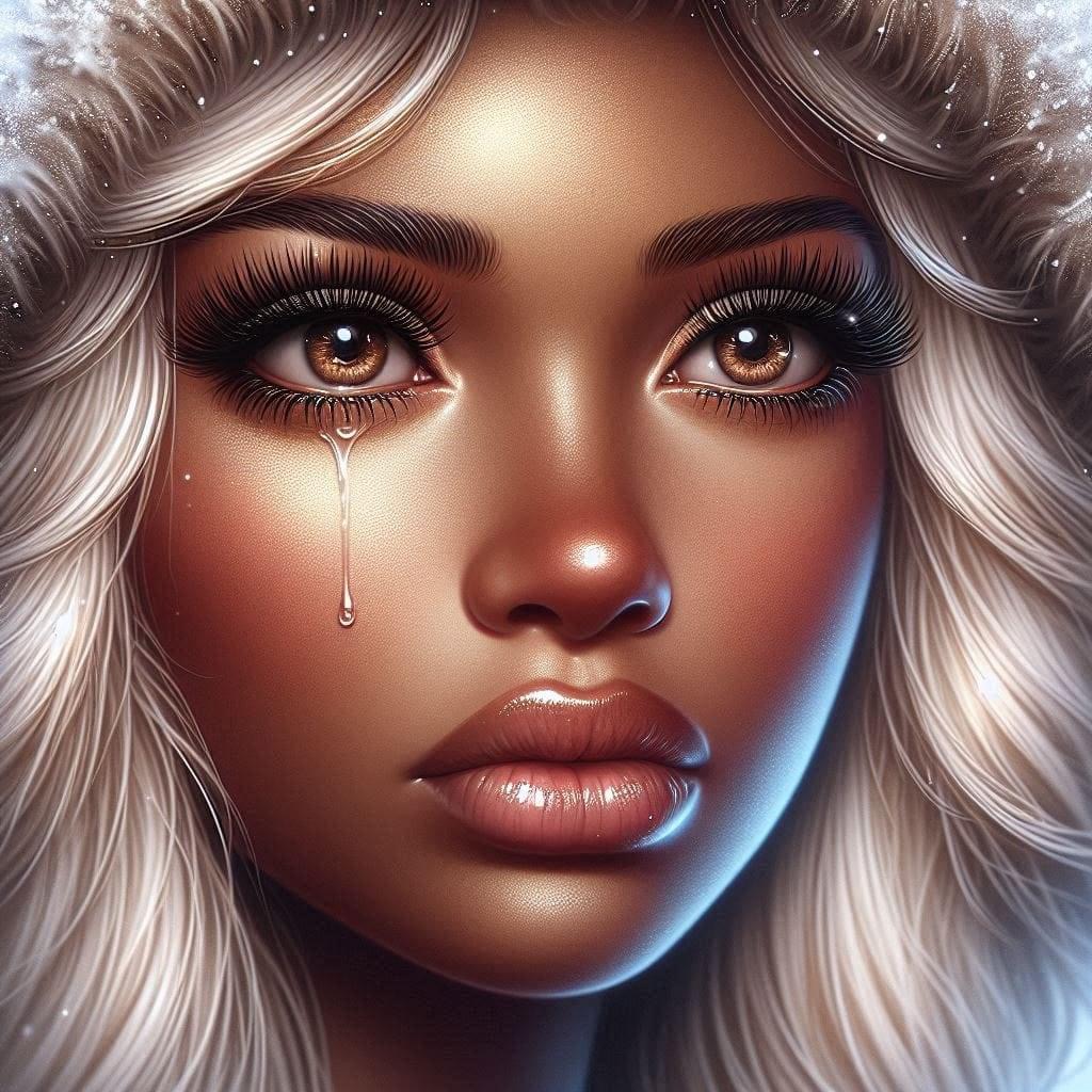 Portrait of woman with blonde hair, dramatic eyes, and teardrop on cheek