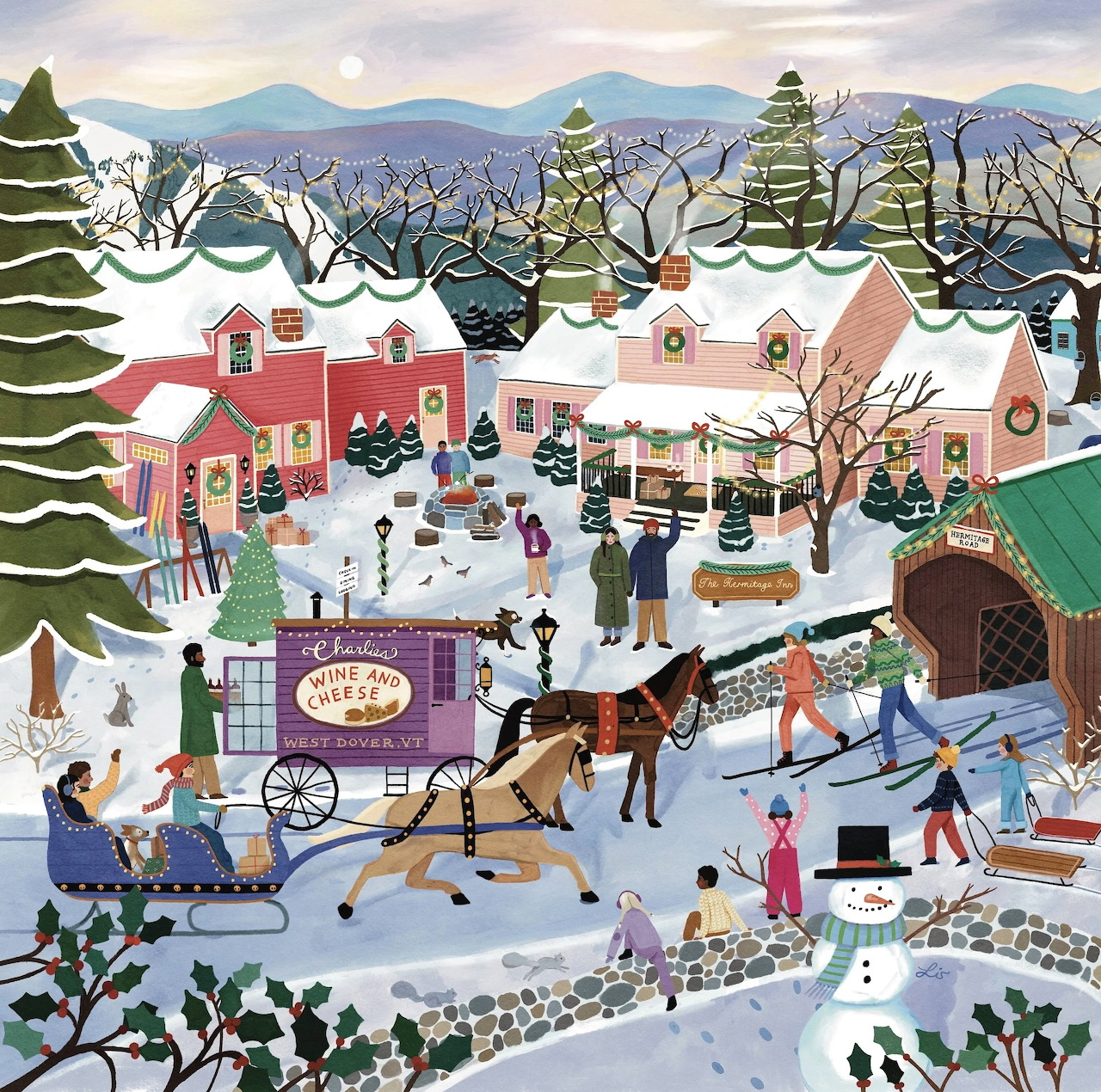 Folk art painting of a snowy village with horses, sleighs, people, and festive buildings under winter mountains