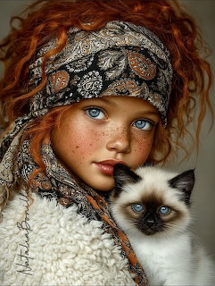 Young red-haired girl with blue eyes holding a Siamese kitten, wearing decorative headband