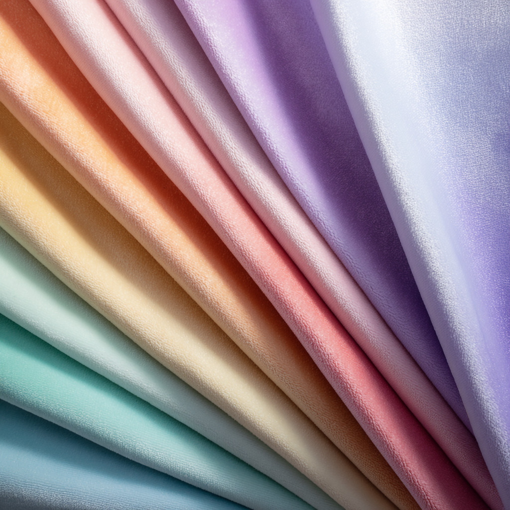Diagonal folds of pastel fabric in turquoise, pink, peach, and lavender tones with soft sheen