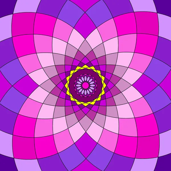 Symmetrical mandala with pink and purple gradient petals radiating from a yellow-framed purple center