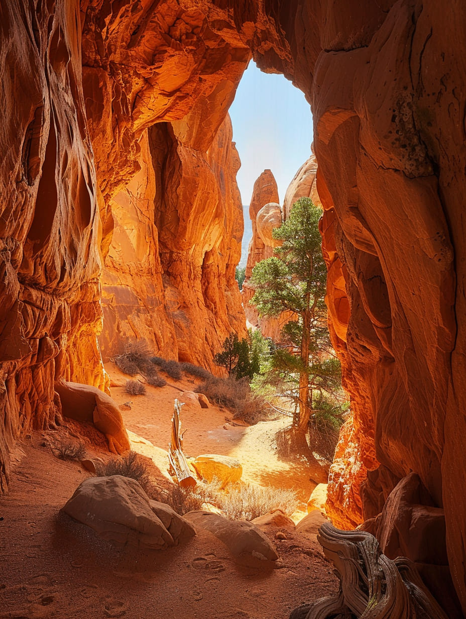 Red sandstone canyon passage with a sandy path, green tree, and blue sky in Arches National Park, Utah