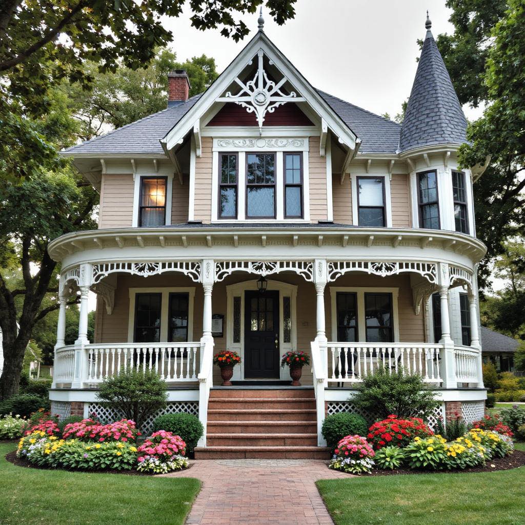Victorian house with decorative trim, wraparound porch, turret, and colorful garden