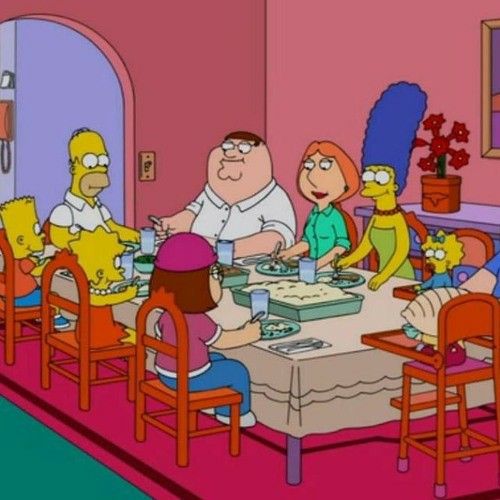 The Simpsons and Family Guy characters sitting together at dinner table
