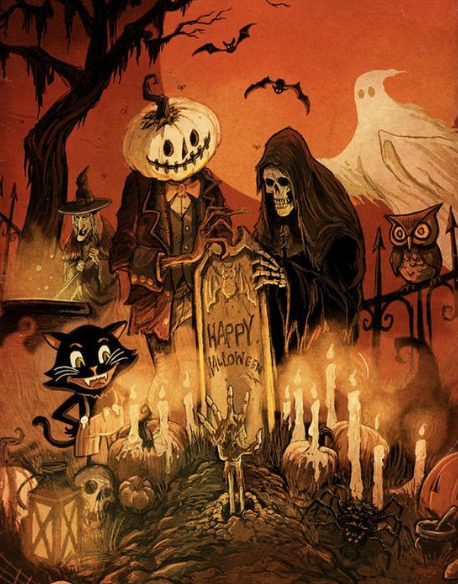 Halloween scene with pumpkin-headed scarecrow, ghost, black cat, owl, and glowing candles under orange sky