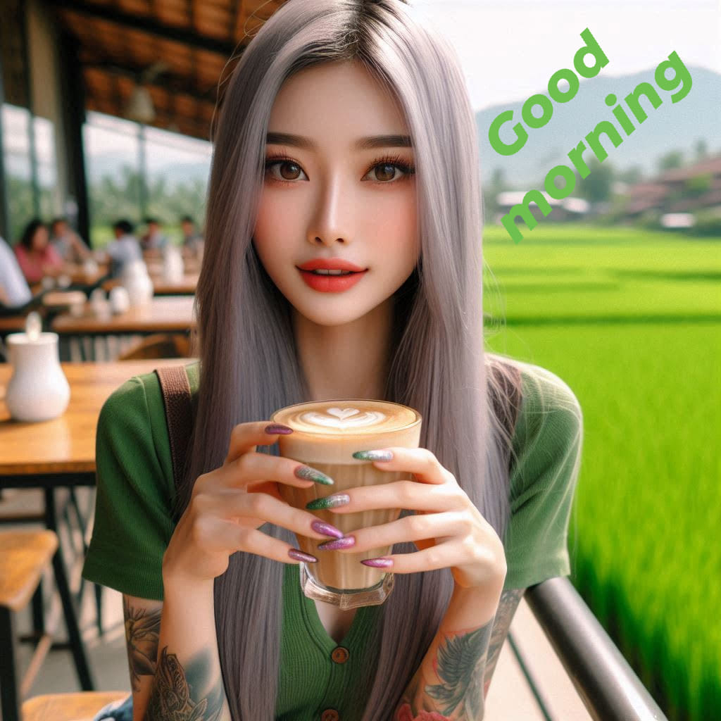 Stylized woman with long silver hair holding a coffee cup at an outdoor cafe by green fields