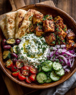 Mediterranean bowl with falafel, vegetables, pita bread, and creamy tzatziki sauce in wooden serving dish
